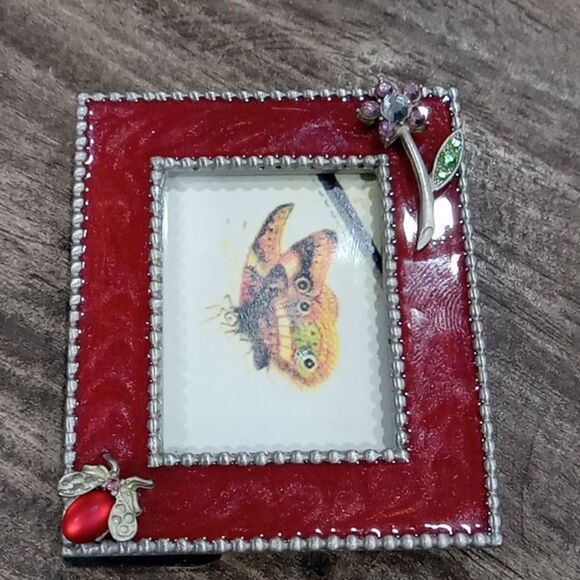 Set of 2 Vintage mini pewter picture frames w rhinestones Butterfly & floral NWT - Picture 3 of 5